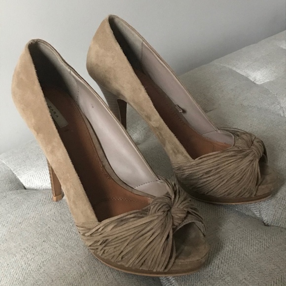 Zara Neutral Taupe Beige Knot Peep Toe Heels Size 39 - Picture 3 of 8